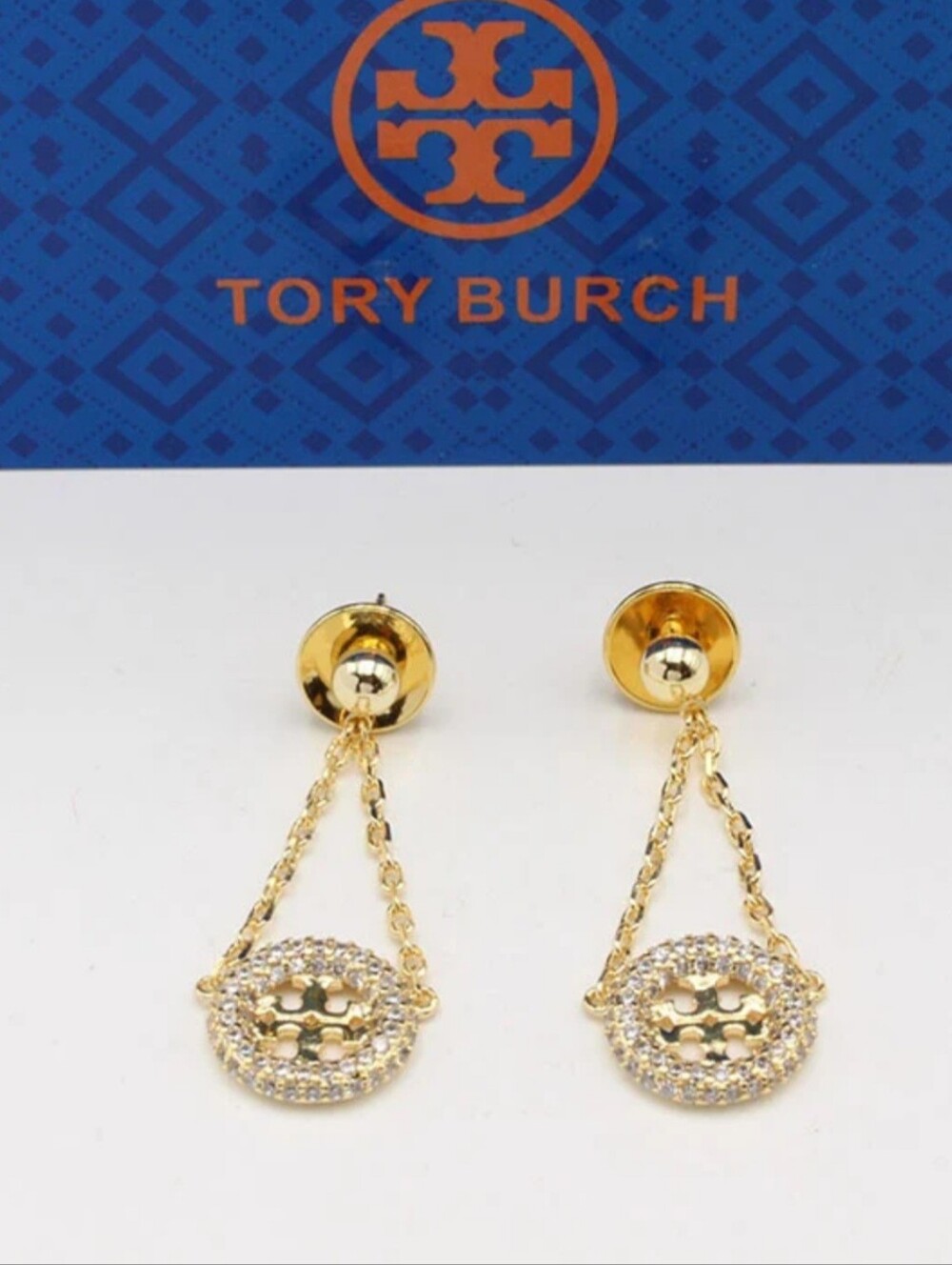 Tory Burch Gold Crystal Drop Logo Dangle Earrings